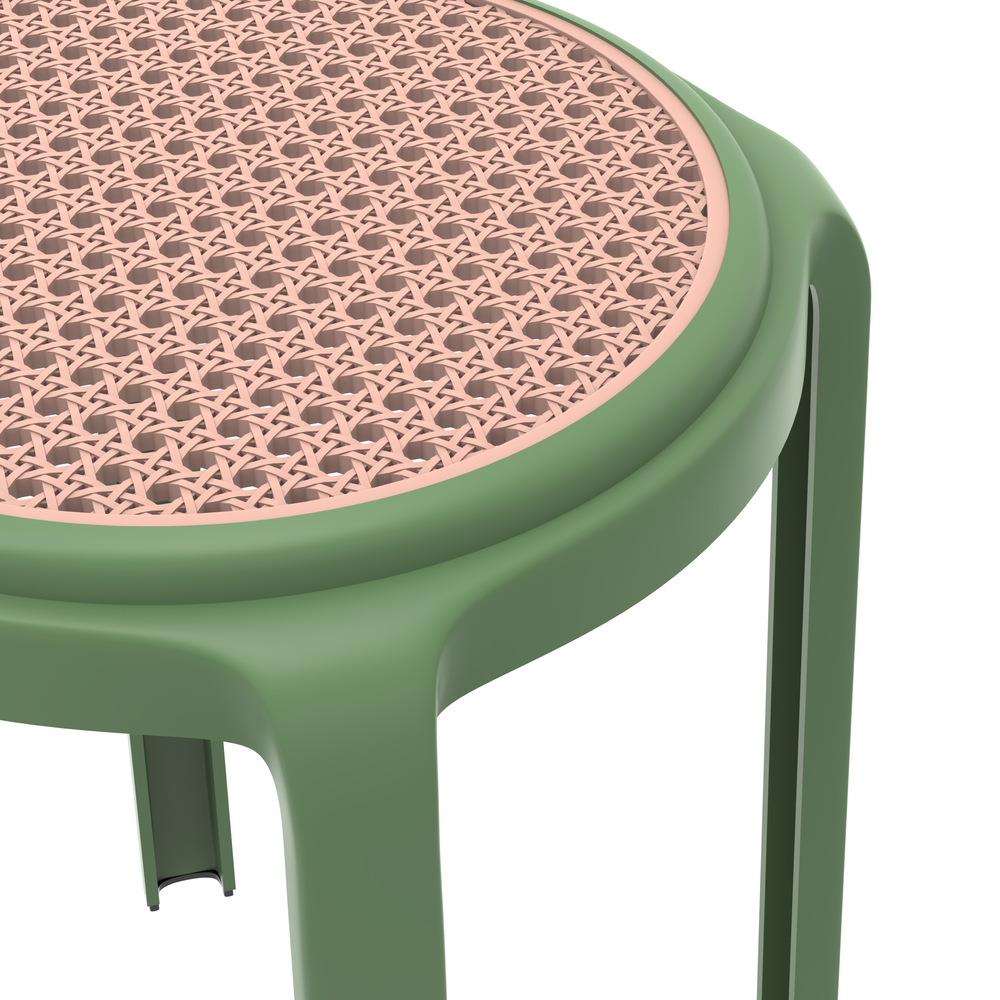 Tresse Series Stackable Round Poly Stool With Wicker Top 13 in Green. Picture 3