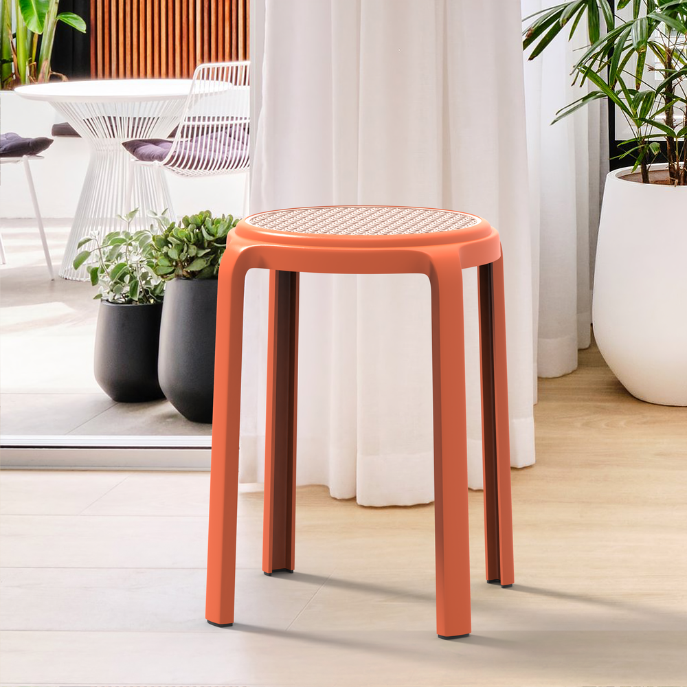 Tresse Series Stackable Round Poly Stool With Wicker Top 13 in Orange. Picture 6
