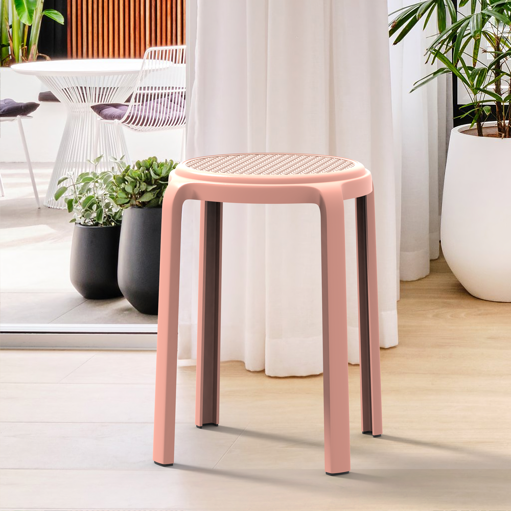 Tresse Series Stackable Round Poly Stool With Wicker Top 13 in Pink. Picture 6