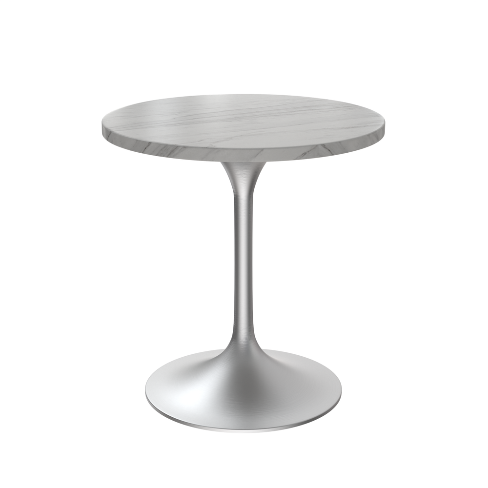 27 Round Dining Table, Brushed Chrome Base with Sintered Stone White Top. Picture 1