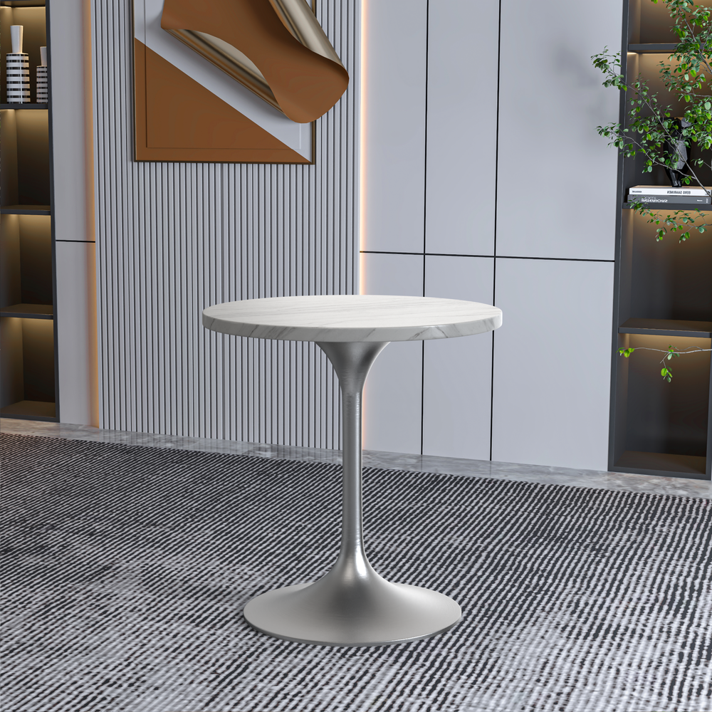 27 Round Dining Table, Brushed Chrome Base with Sintered Stone White Top. Picture 4