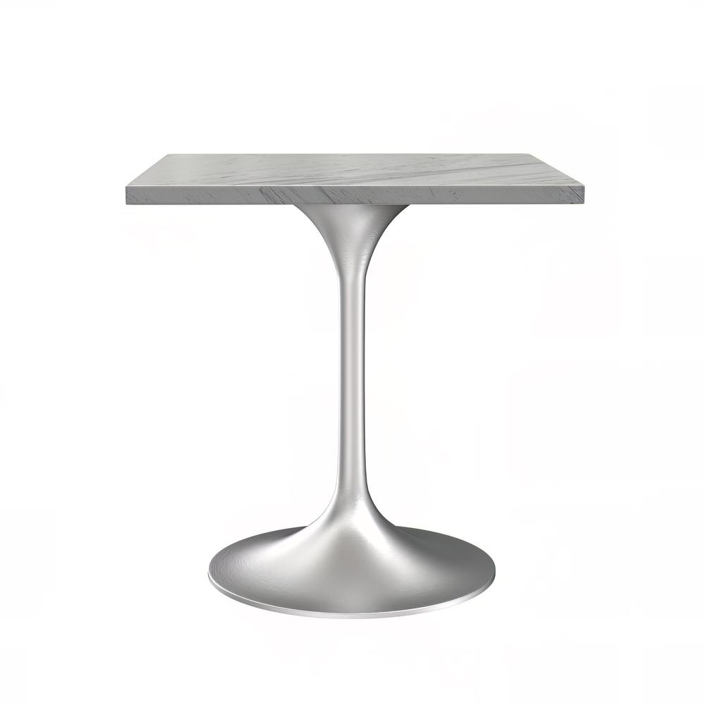 27 Square Dining Table, Brushed Base with Laminated White Marbleized Top. Picture 1