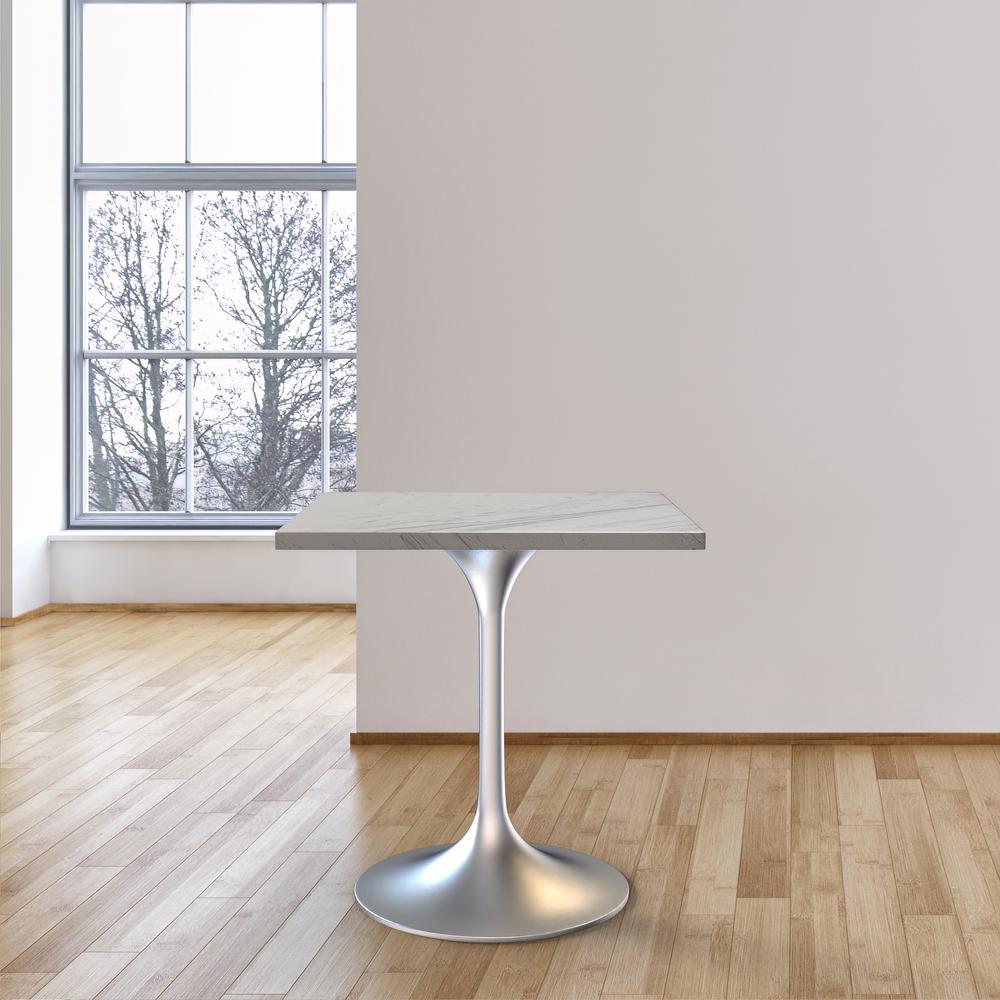 27 Square Dining Table, Brushed Base with Laminated White Marbleized Top. Picture 7