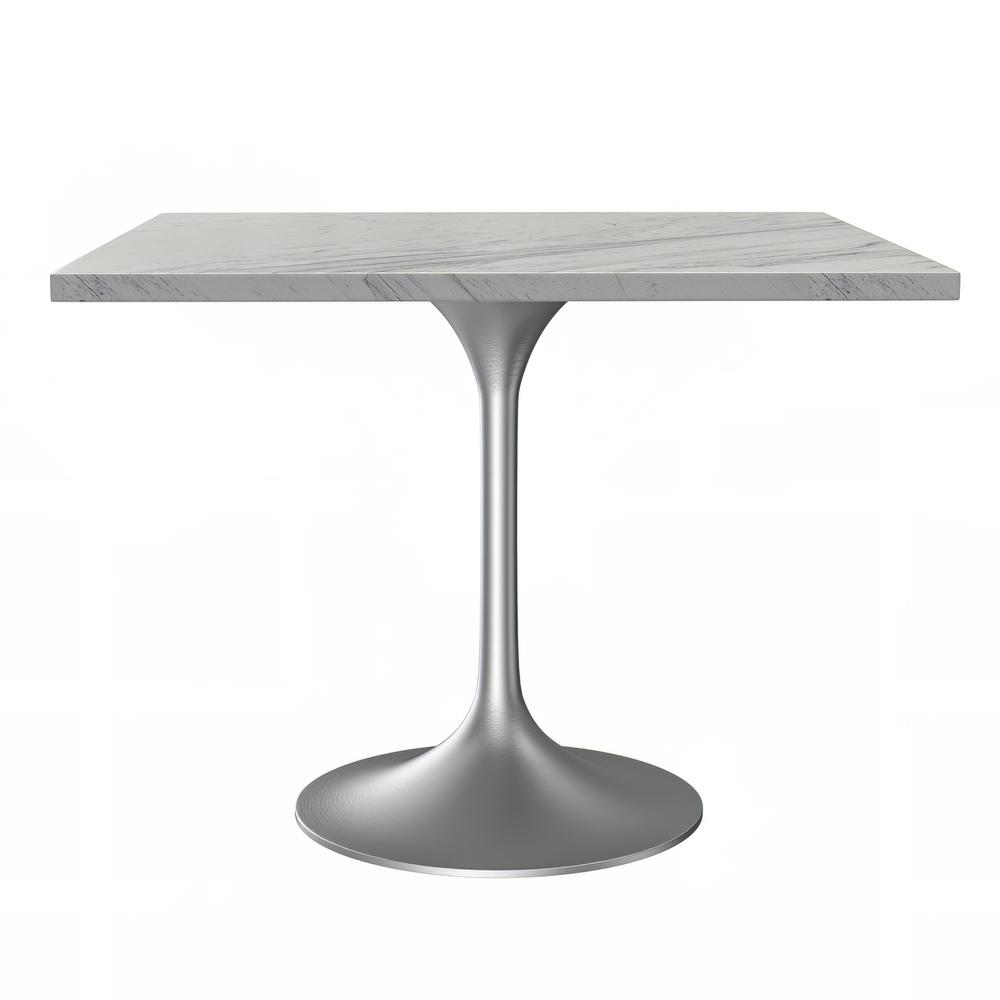 36 Square Dining Table, Brushed Base with Laminated White Marbleized Top. Picture 1