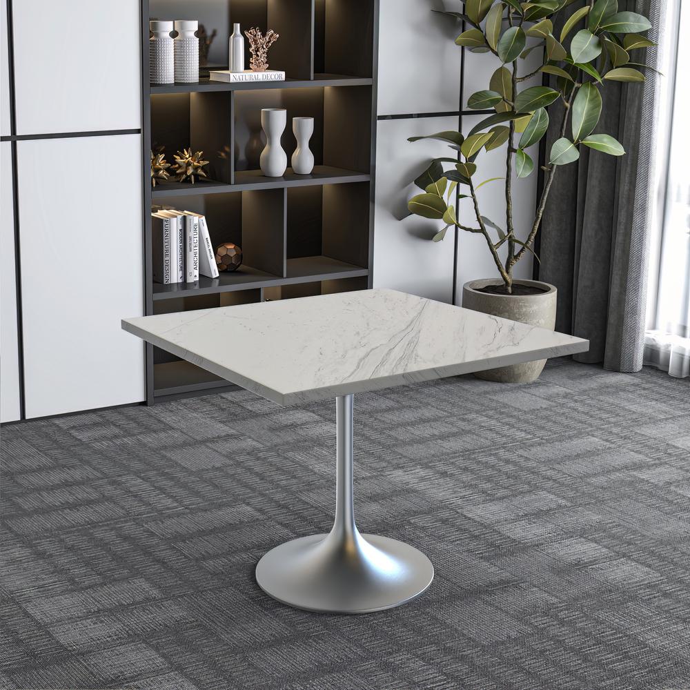 36 Square Dining Table, Brushed Base with Laminated White Marbleized Top. Picture 7