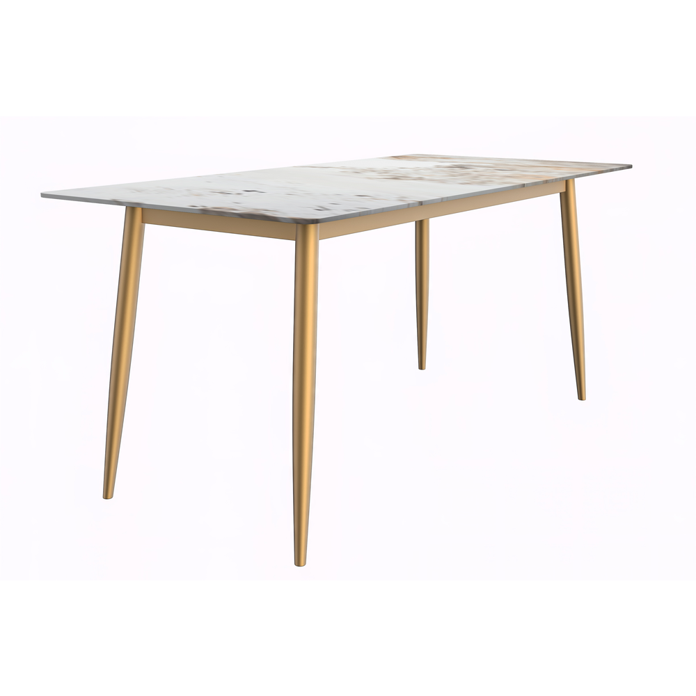 Modern Dining Table Brushed Gold Base, With 71 White Grey Sintered Stone Top. Picture 5