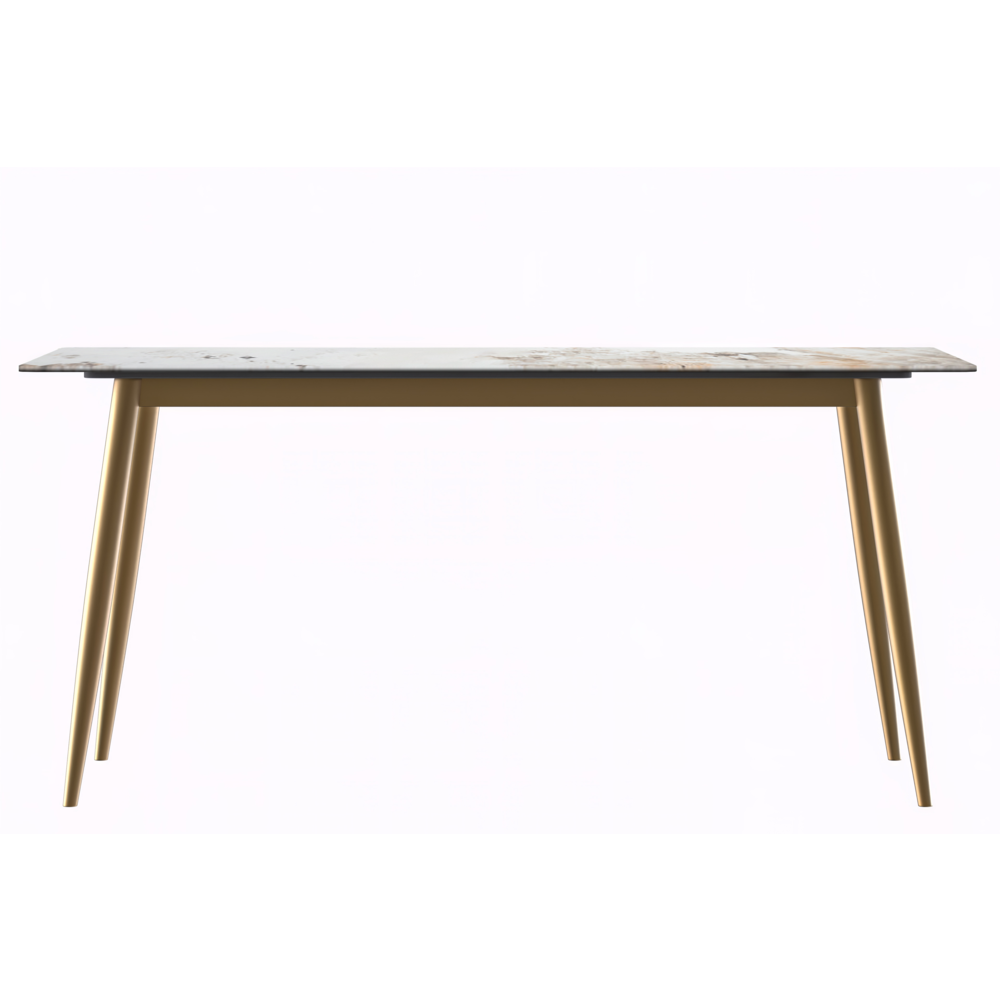 Modern Dining Table Brushed Gold Base, With 71 White Grey Sintered Stone Top. Picture 6