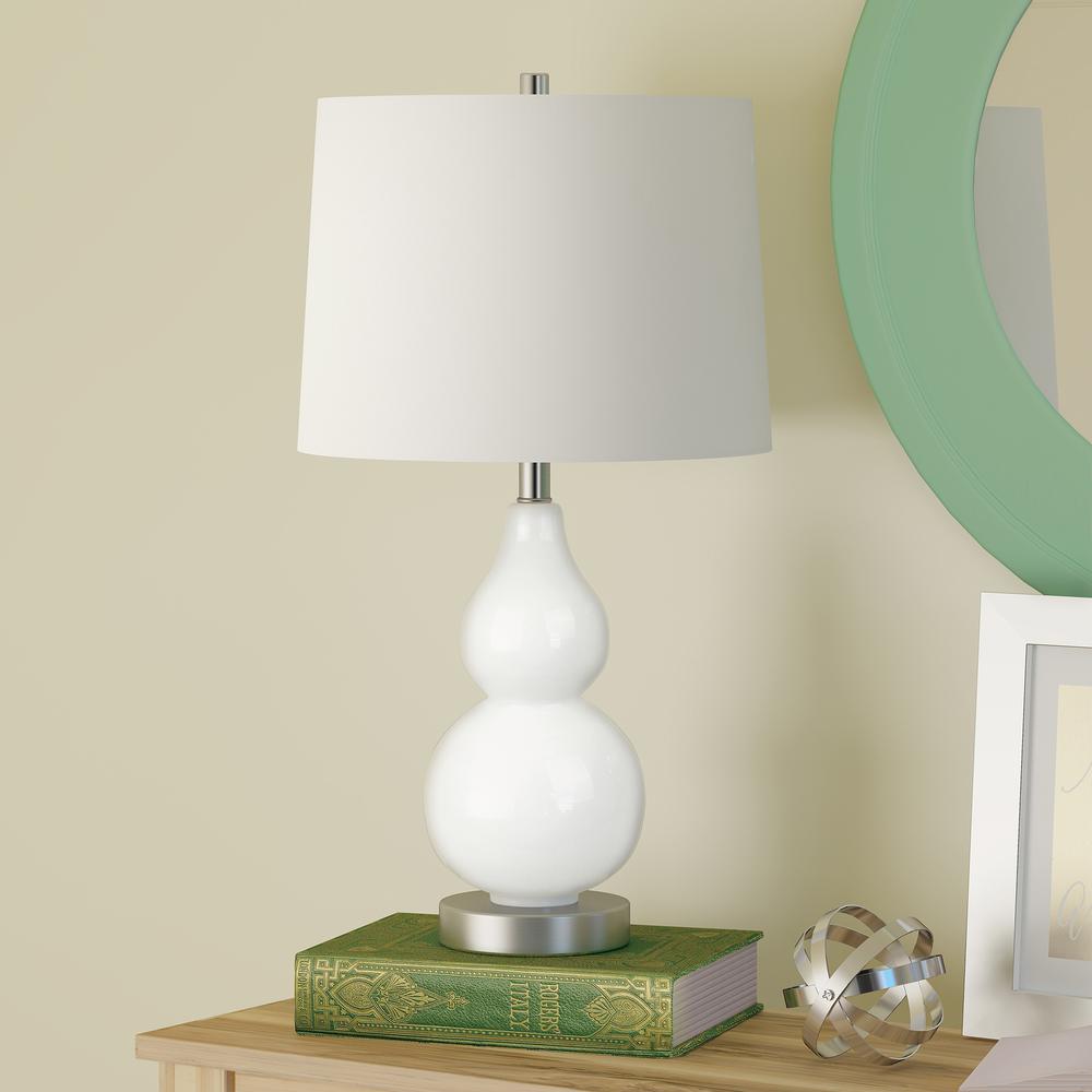 Katrina 21.25" Tall Petite Table Lamp with Fabric Shade in White Glass/Satin Nickel/White. Picture 2