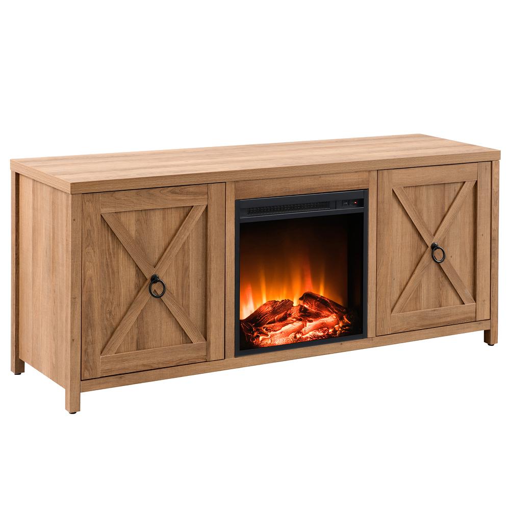 Granger Rectangular TV Stand with Log Fireplace for TV's up to 65" in Golden Oak. Picture 1