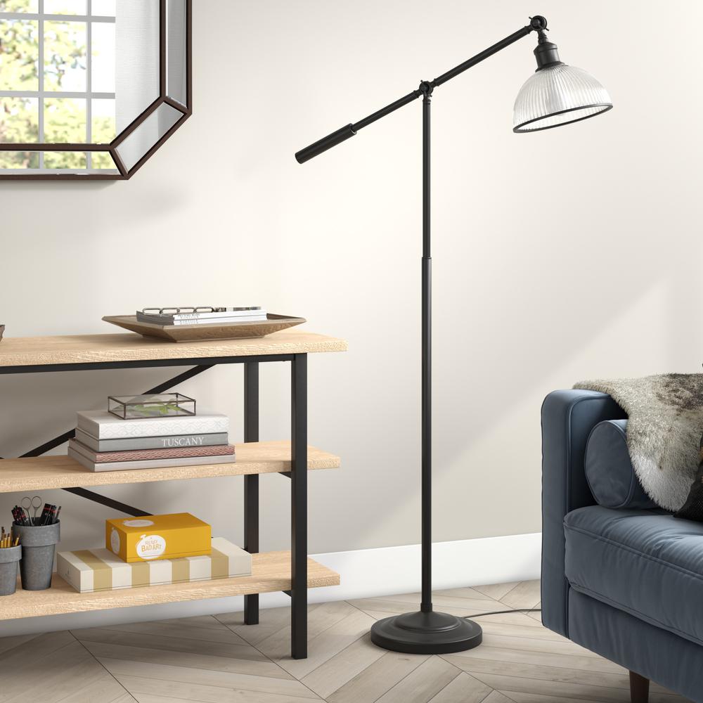 Frenkel 58" Tall Floor Lamp with Ribbed Glass Shade in Blackened Bronze/Clear. Picture 2
