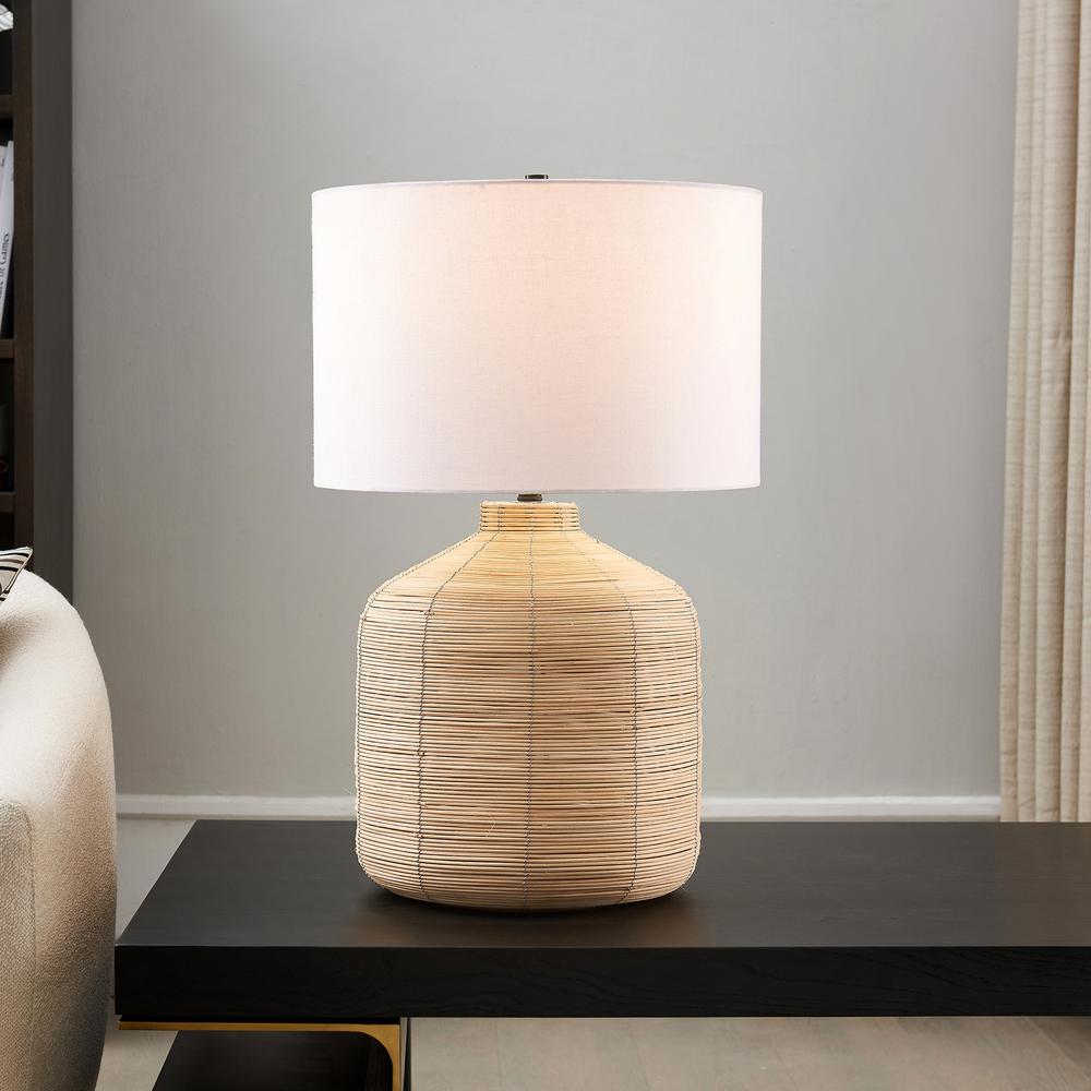 Jolina 26.5" Tall Oversized/Rattan Table Lamp with Fabric Shade in Natural Rattan/Brass /White. Picture 3