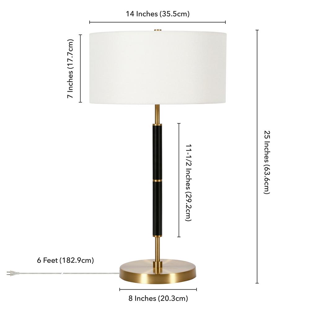 Simone 25" Tall 2-Light Table Lamp with Fabric Shade in Black/Brass/White. Picture 4