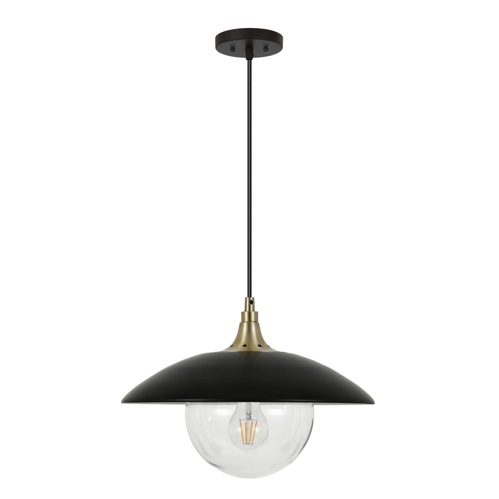 Alvia 14.5" Wide Pendant with Metal/Glass Shade in Matte Black/Brass/Matte Black. Picture 1