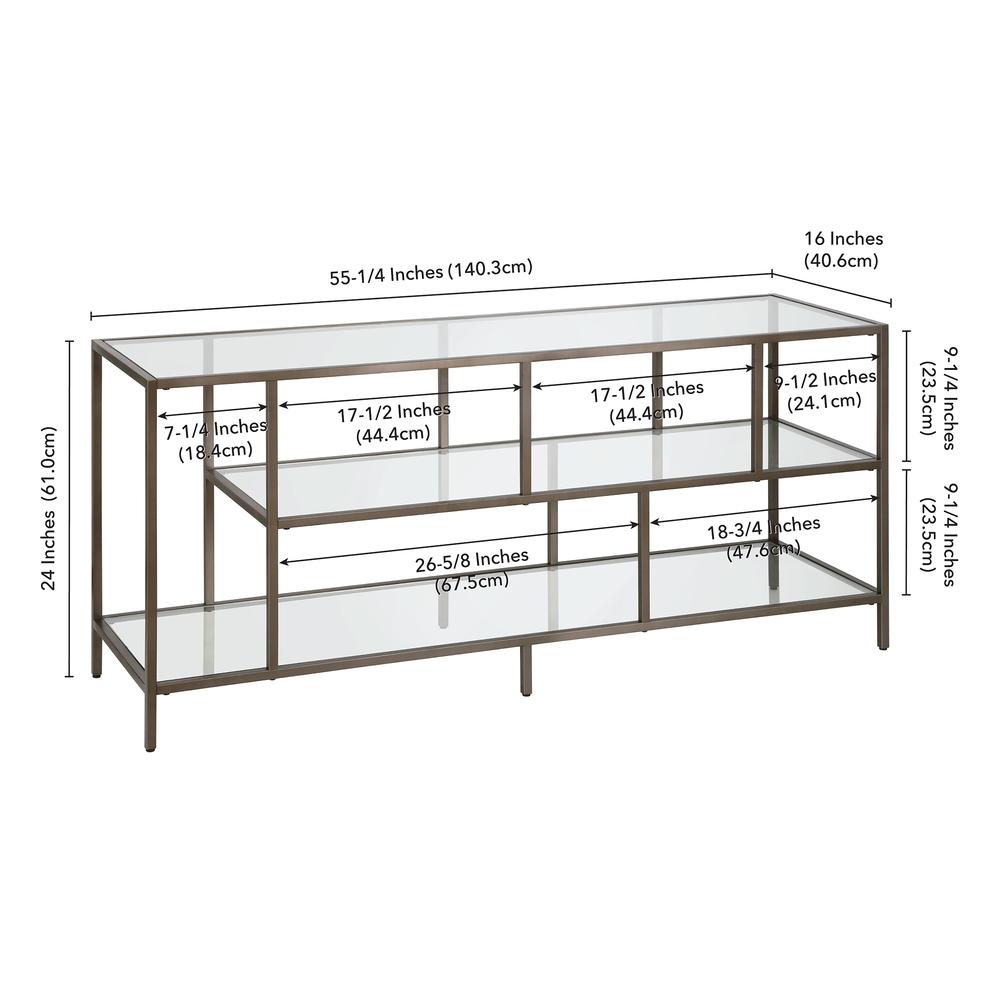 Winthrop Rectangular TV Stand with Glass Shelves for TV's up to 60" in Aged Steel. Picture 5
