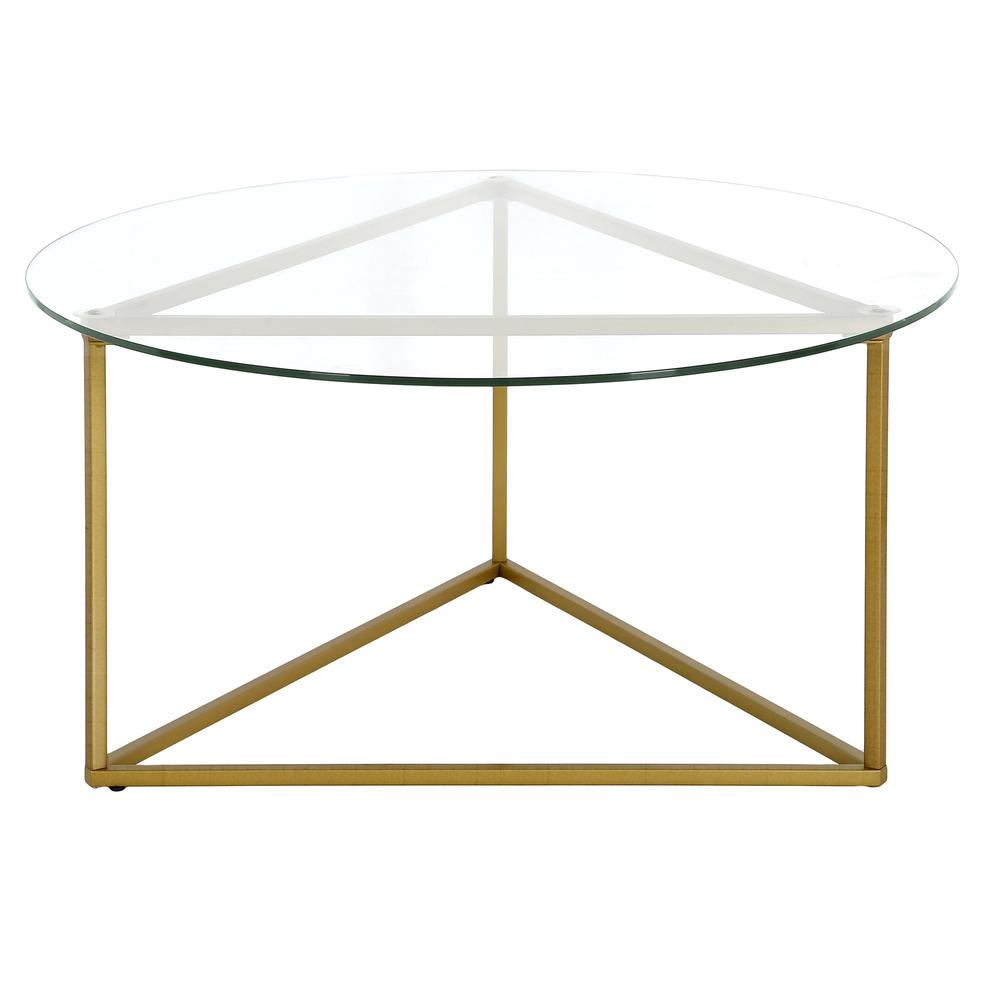 Jenson 35'' Wide Round Coffee Table with Glass Top in Brass. Picture 3