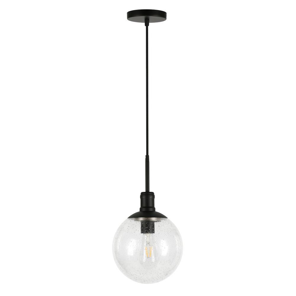 Walker 9" Wide Pendant with Glass Shade in Blackened Bronze /Seeded. Picture 1