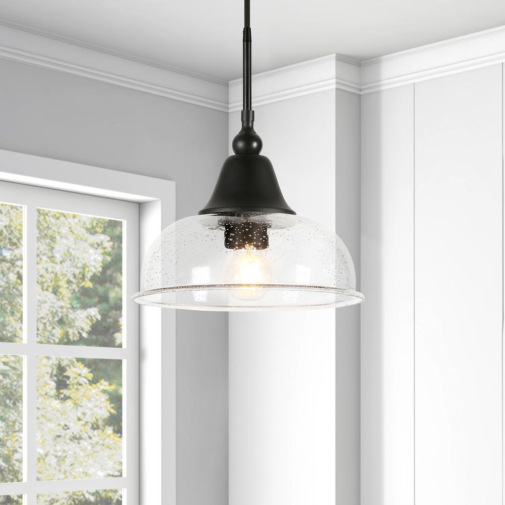 Magnolia 10.75" Wide Pendant with Glass Shade in Blackened Bronze/Seeded. Picture 4