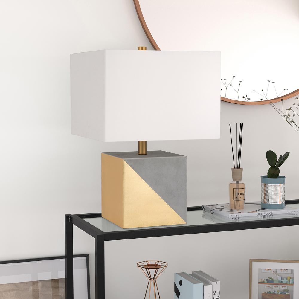 Severin 18.5" Tall Gold-Dipped Concrete Table Lamp with Fabric Shade in Gold and Concrete/White. Picture 2