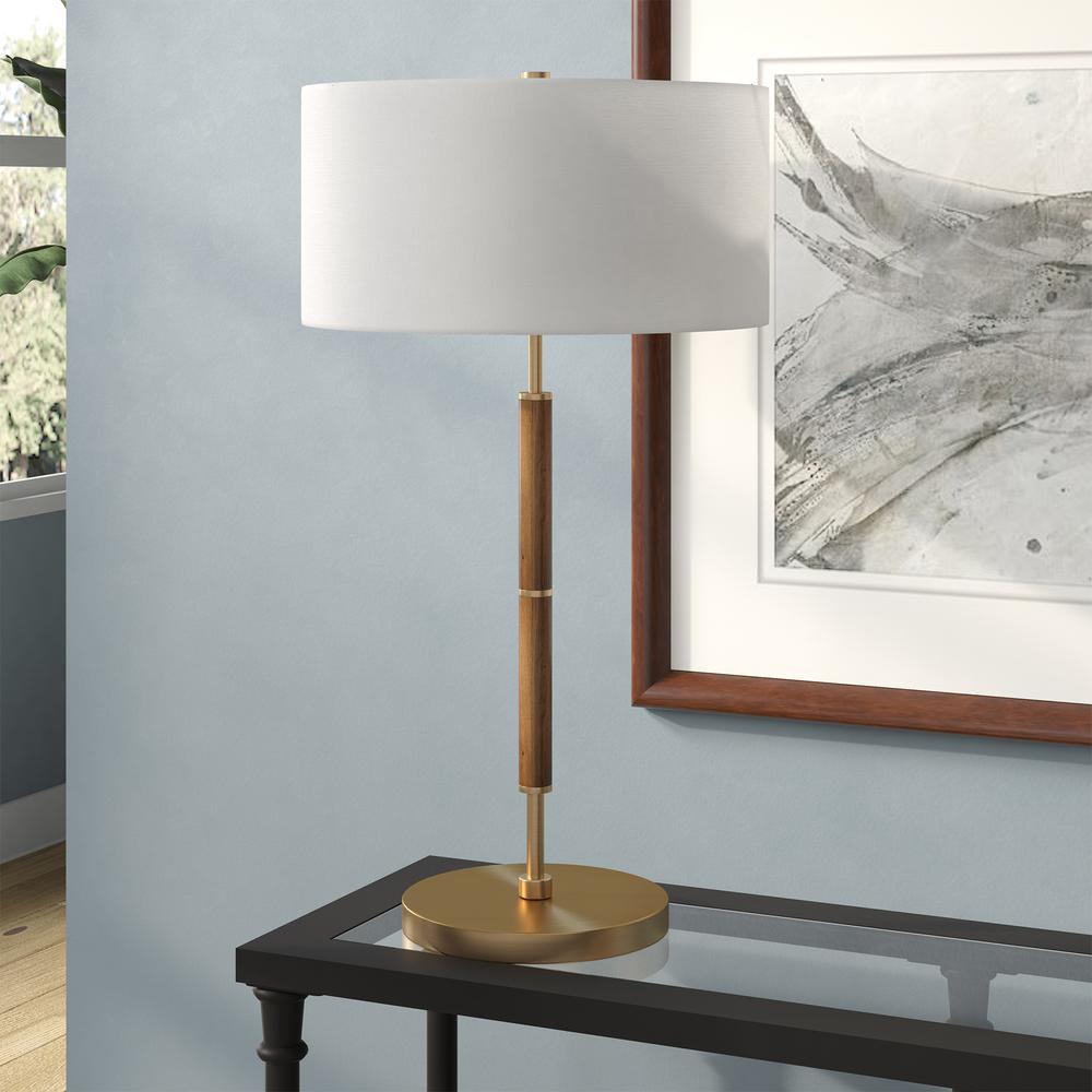 Simone 25" Tall 2-Light Table Lamp with Fabric Shade in Rustic Oak/Brass/White. Picture 2