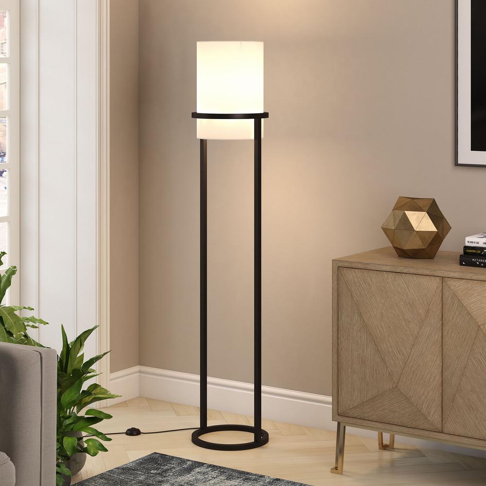 Casimir 62" Tall Floor Lamp with Fabric Shade in Blackened Bronze/White. Picture 3