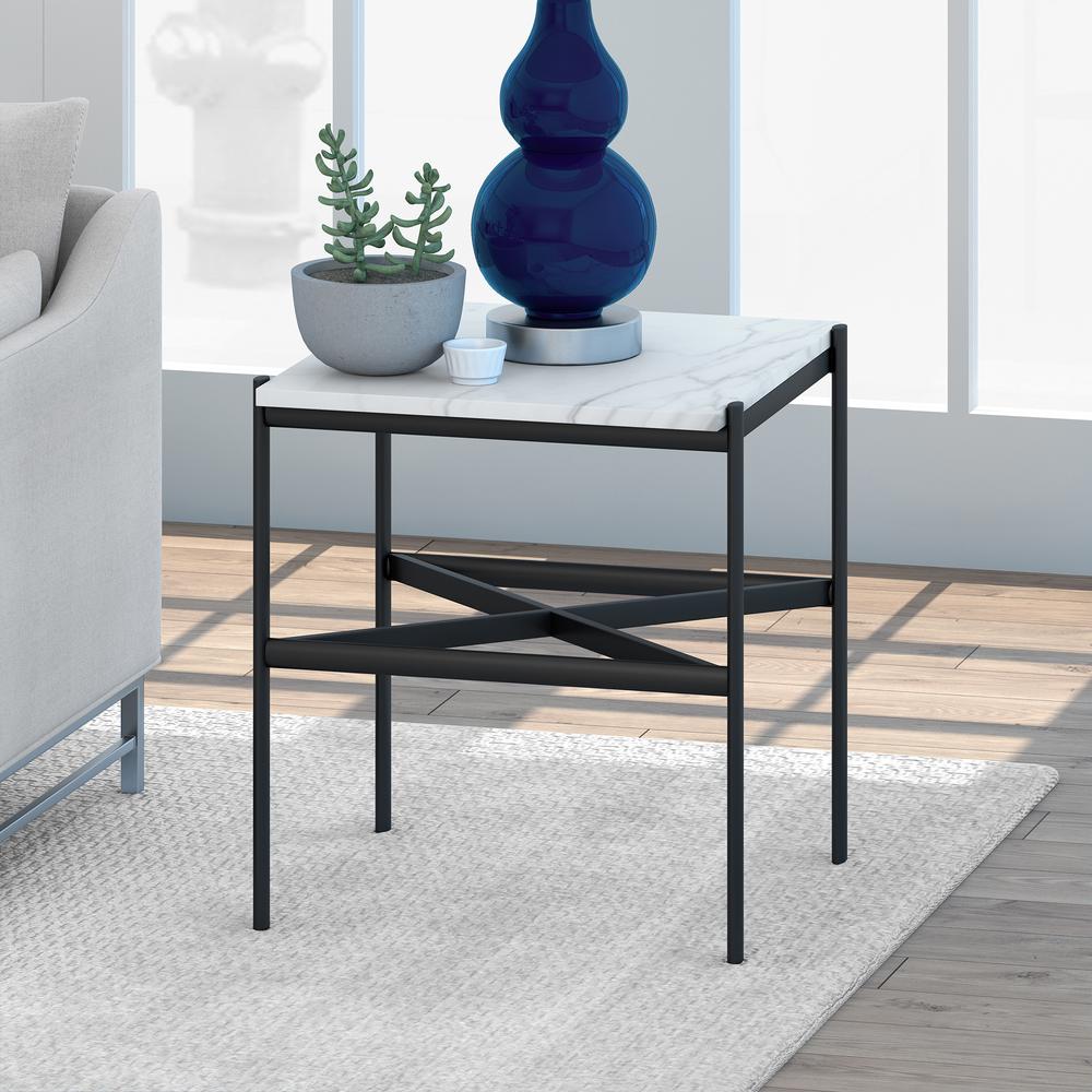 Braxton 21.25'' Wide Rectangular Side Table with Faux Marble Top in Blackened Bronze. Picture 2