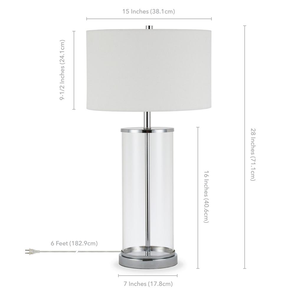 Rowan 28" Tall Table Lamp with Fabric Shade in Clear Glass/Polished Nickel/White. Picture 4