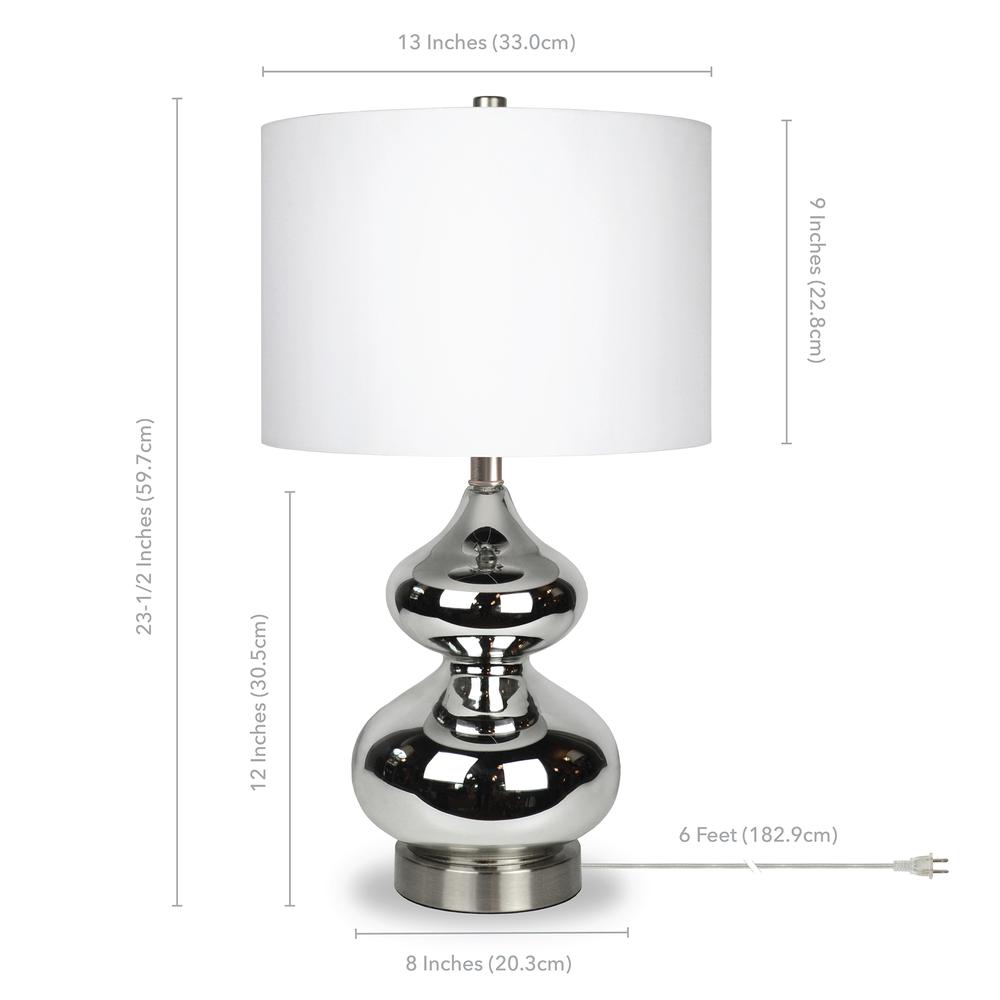 Katrin 23.5" Tall Table Lamp with Fabric Shade in Polished Nickel Glass/Satin Nickel/White. Picture 4