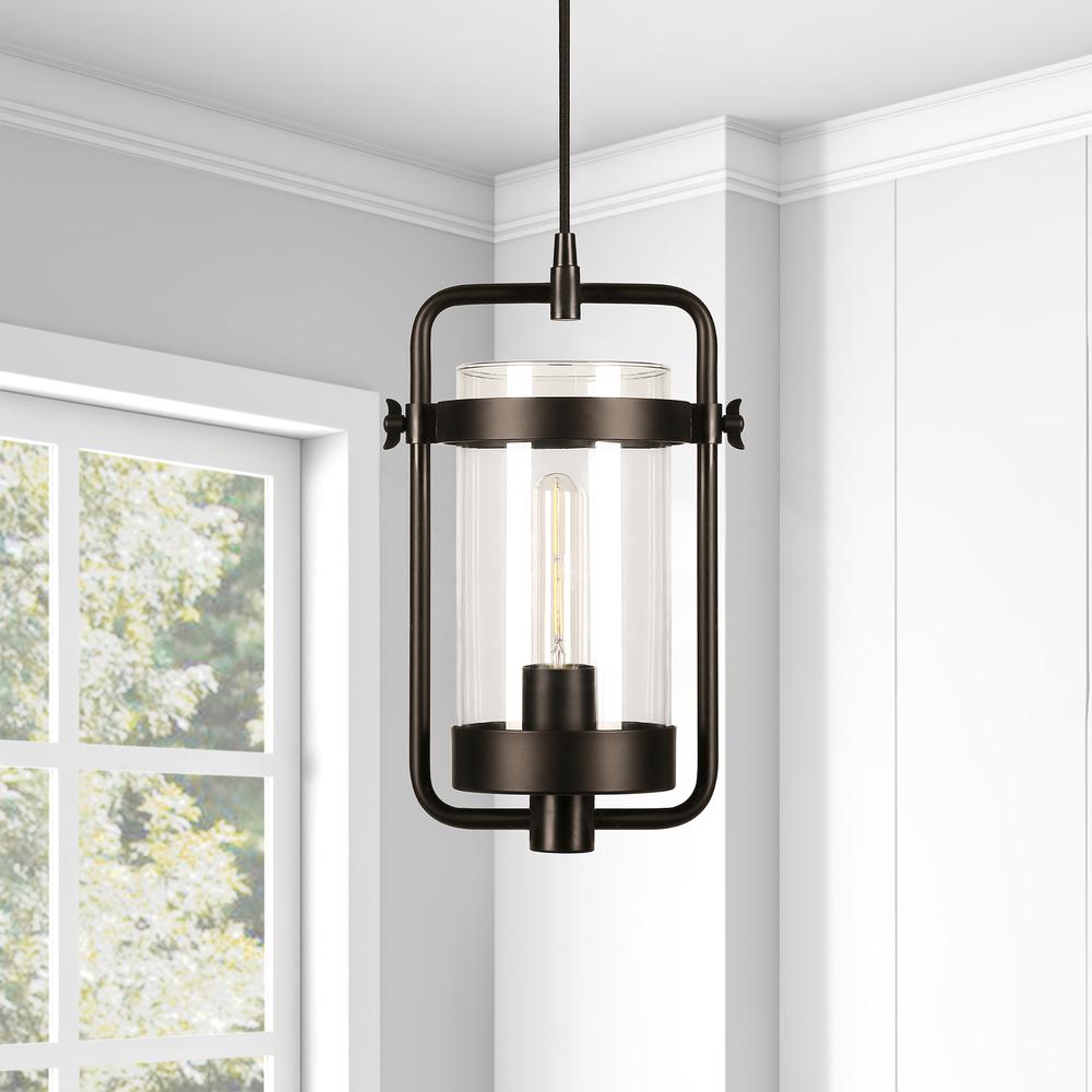 Orion 11" Wide Industrial Pendant with Glass Shade in Blackened Bronze/Clear. Picture 4