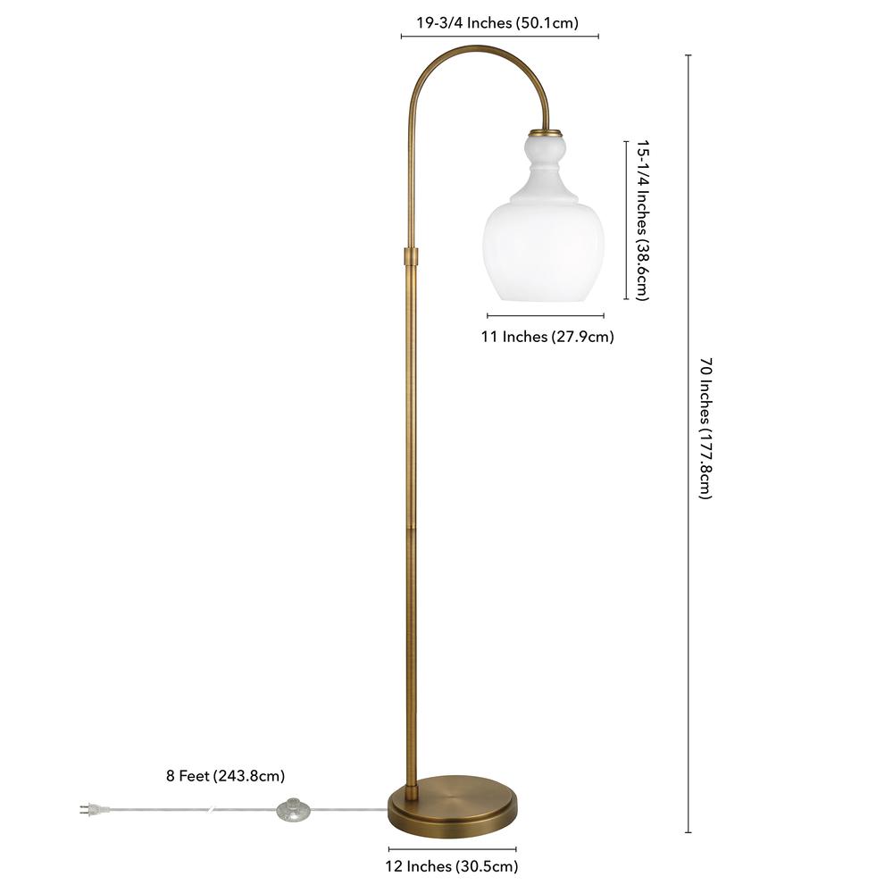 Verona Arc Floor Lamp with Glass Shade in Brushed Brass/White Milk. Picture 4