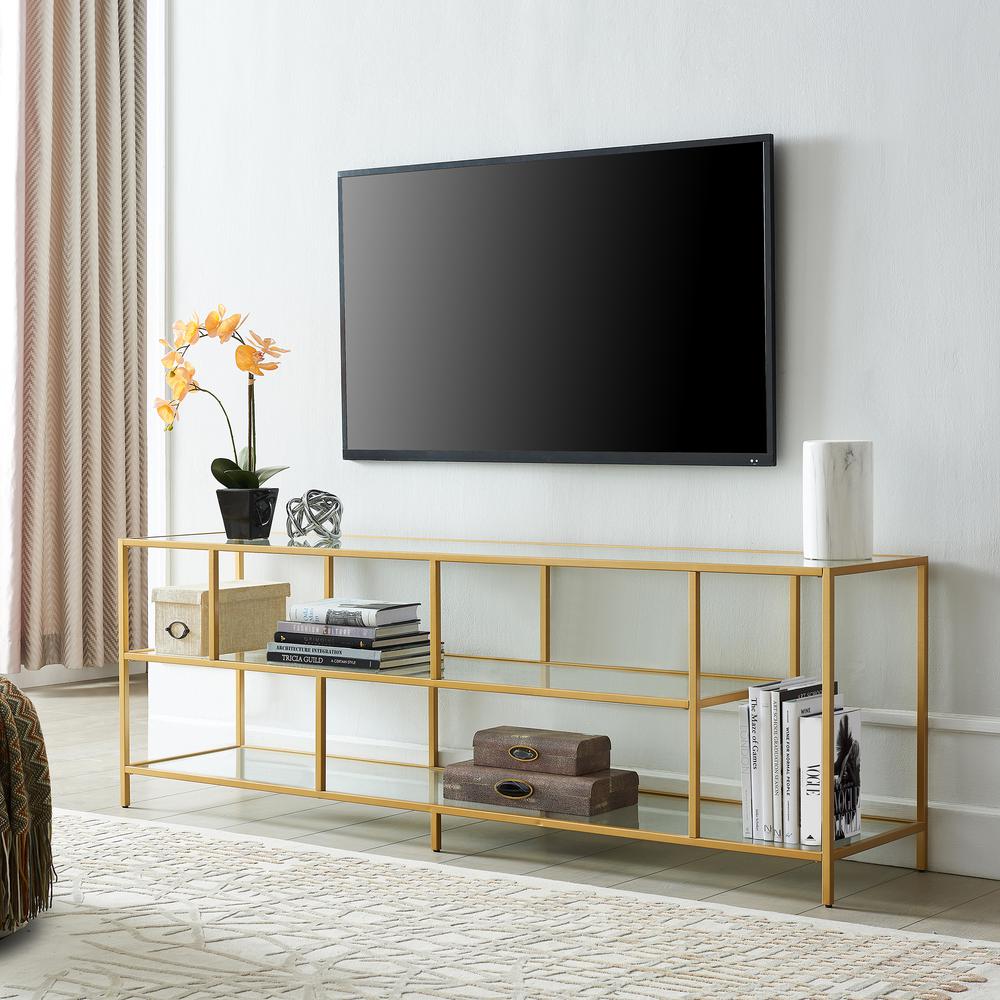 Winthrop Rectangular TV Stand with Glass Shelves for TV's up to 80" in Brass. Picture 2