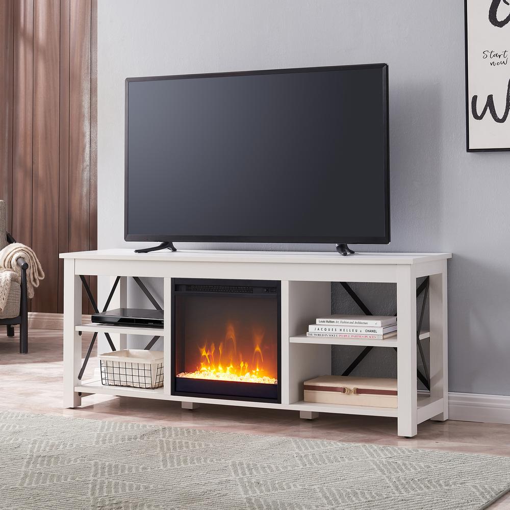 Sawyer Rectangular TV Stand with Crystal Fireplace for TV's up to 65" in White. Picture 2