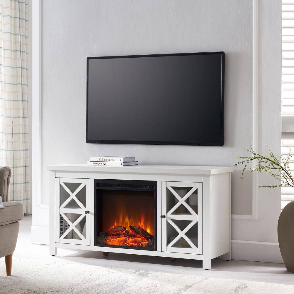 Colton Rectangular TV Stand with Log Fireplace for TV's up to 55" in White. Picture 2