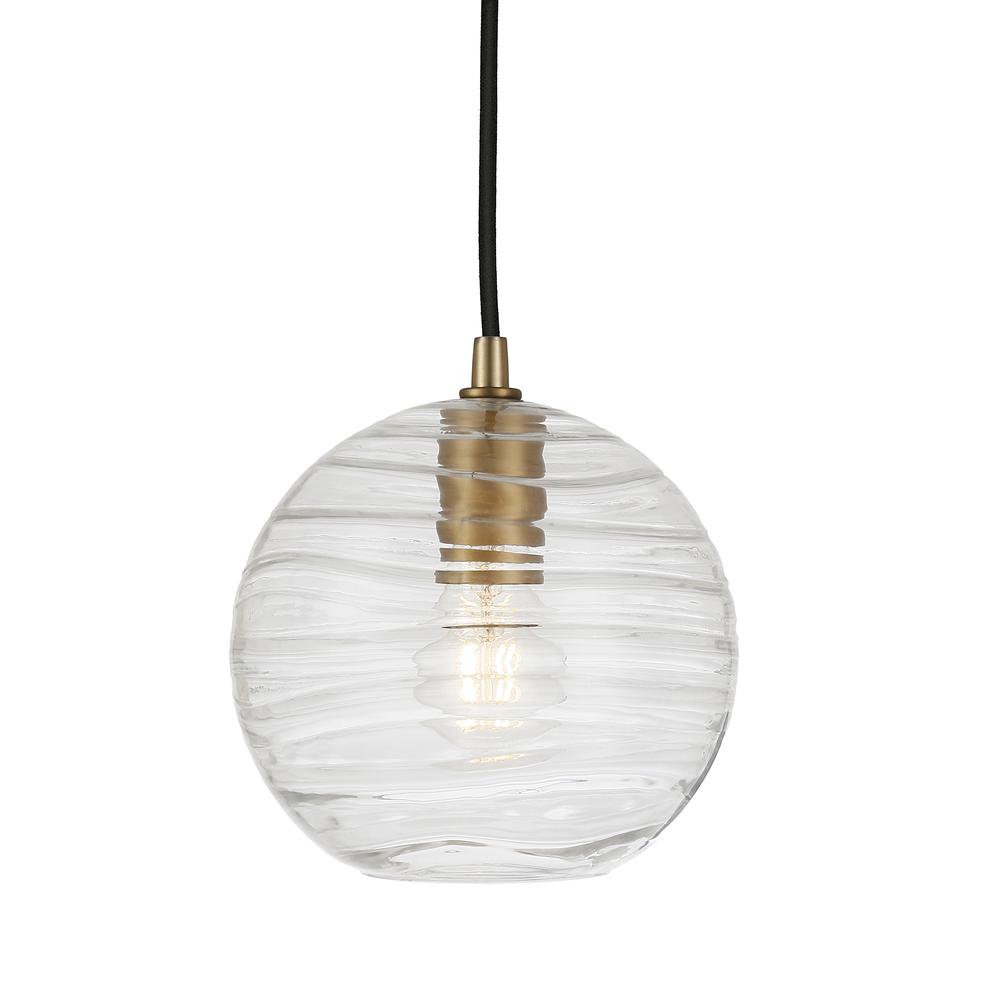 Wayve 8" Wide Textured Pendant with Glass Shade in Brass/Clear. Picture 4
