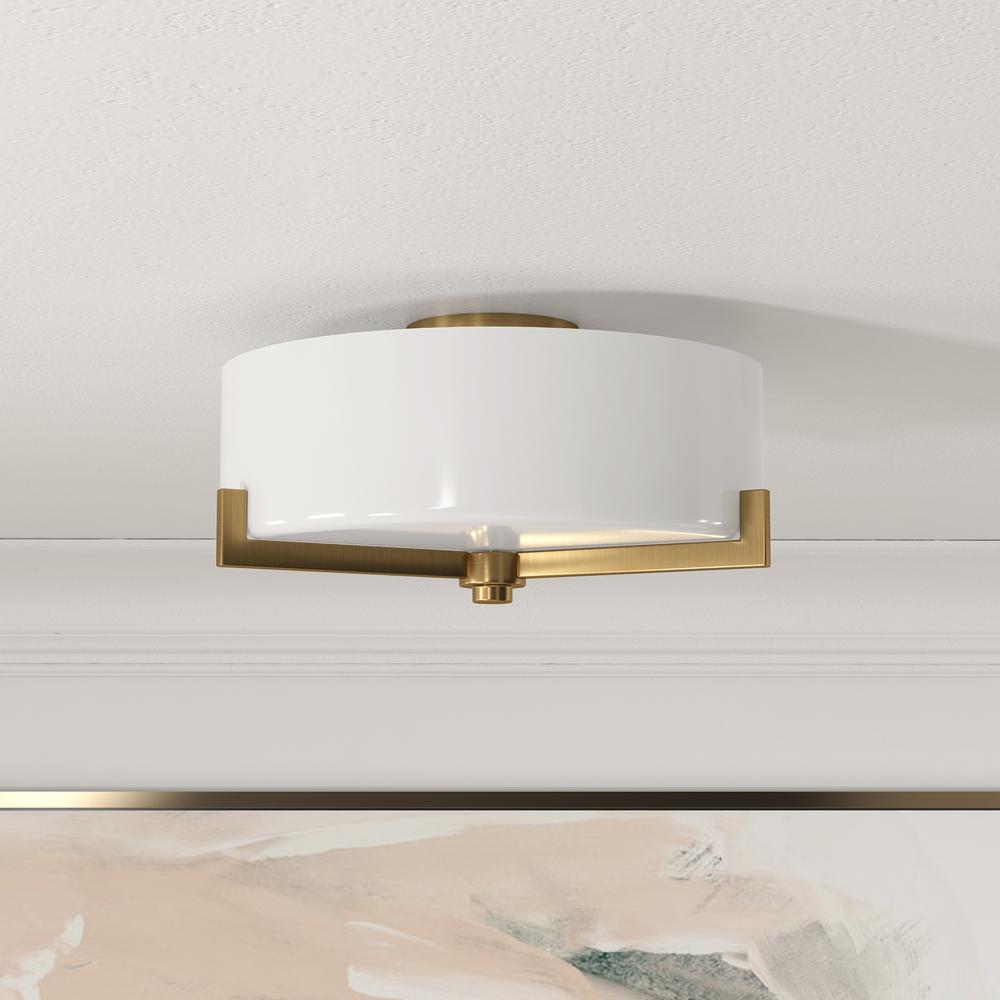 Hamlin 17" Wide 2-Light Semi Flush Mount with Glass Shade in Brushed Brass/White. Picture 2