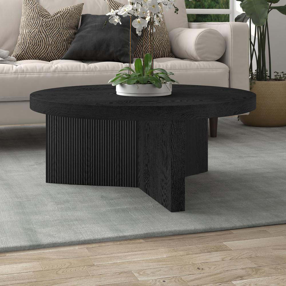 Holm 36" Wide Round Coffee Table in Black Grain. Picture 4