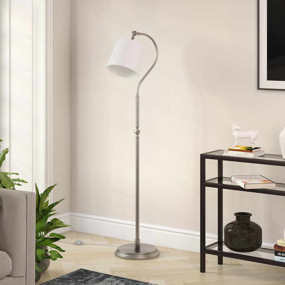 Harland Arc Floor Lamp with Fabric Shade in Brushed Nickel/White. Picture 2