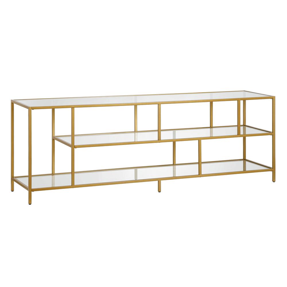 Winthrop Rectangular TV Stand with Glass Shelves for TV's up to 80" in Brass. The main picture.