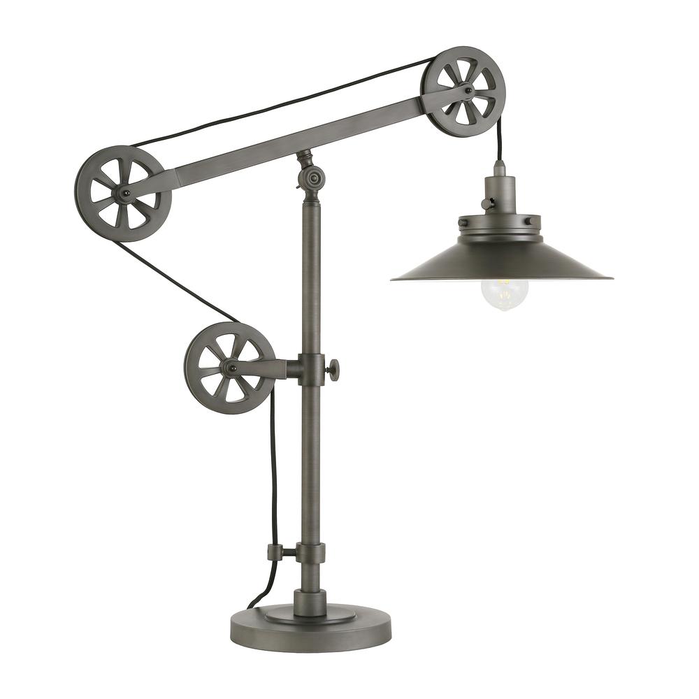Descartes 29" Tall Wide Brim/Pulley System Table Lamp with Metal Shade in Aged Steel/Aged Steel. Picture 1