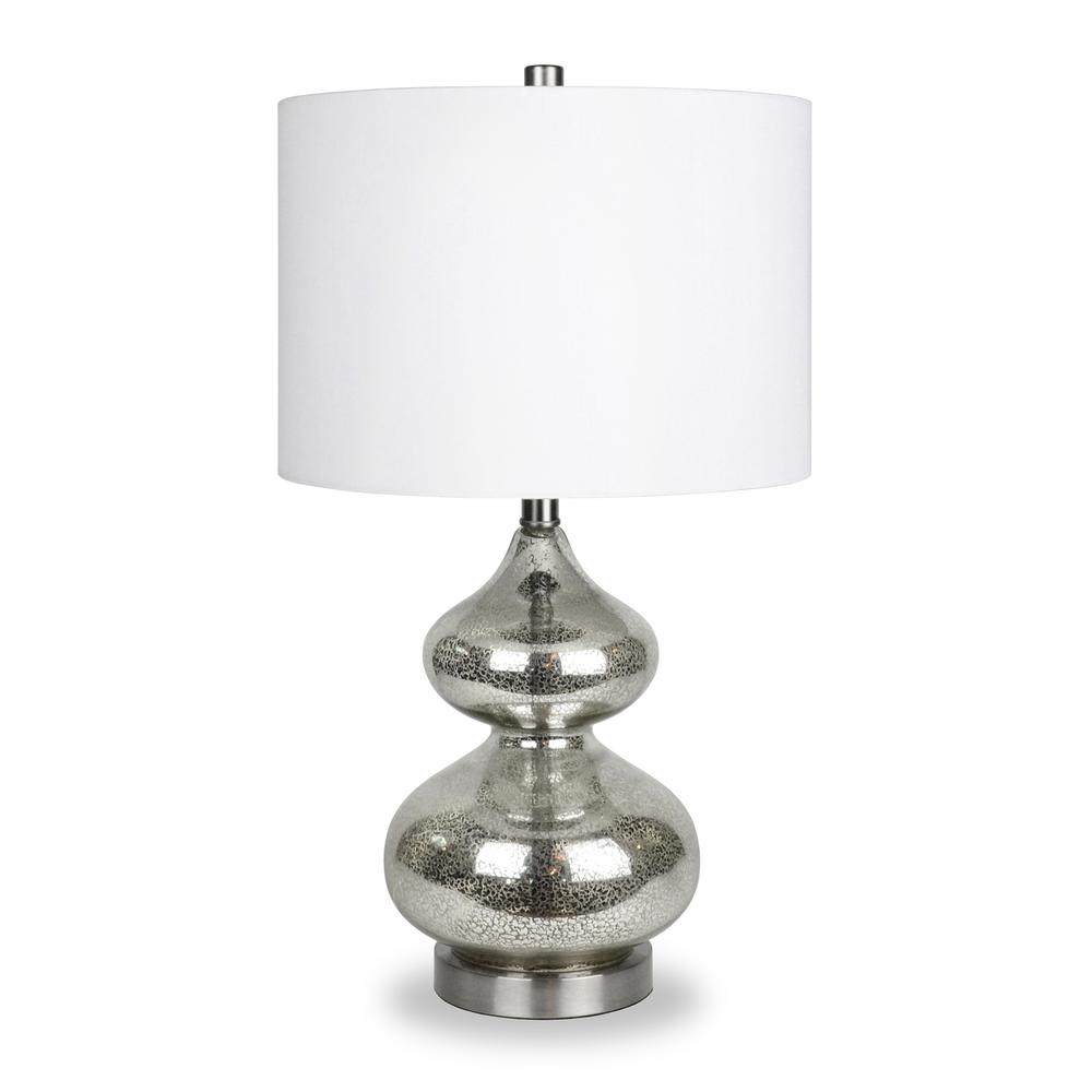 Katrin 23.5" Tall Table Lamp with Fabric Shade in Mercury Glass/Satin Nickel/White. Picture 1