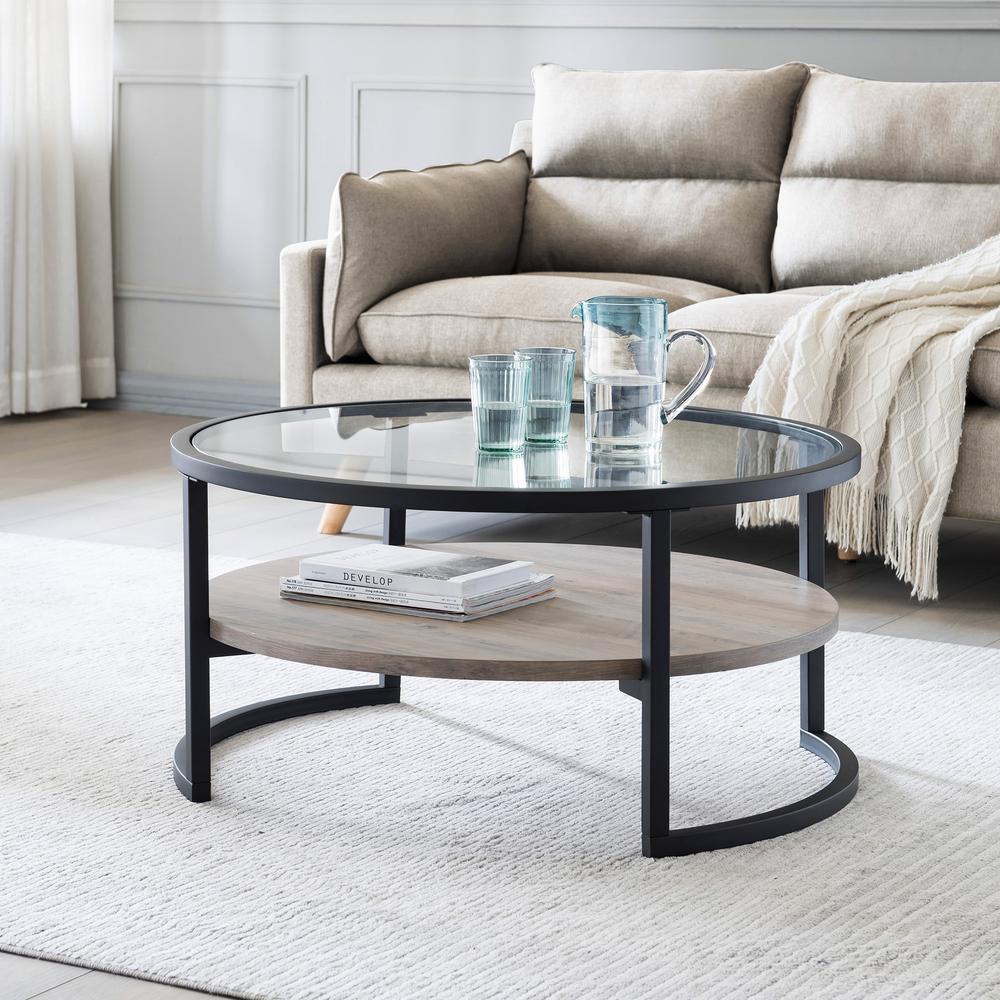 Winston 34.75'' Wide Round Coffee Table in Blackened Bronze/Gray Oak. Picture 3