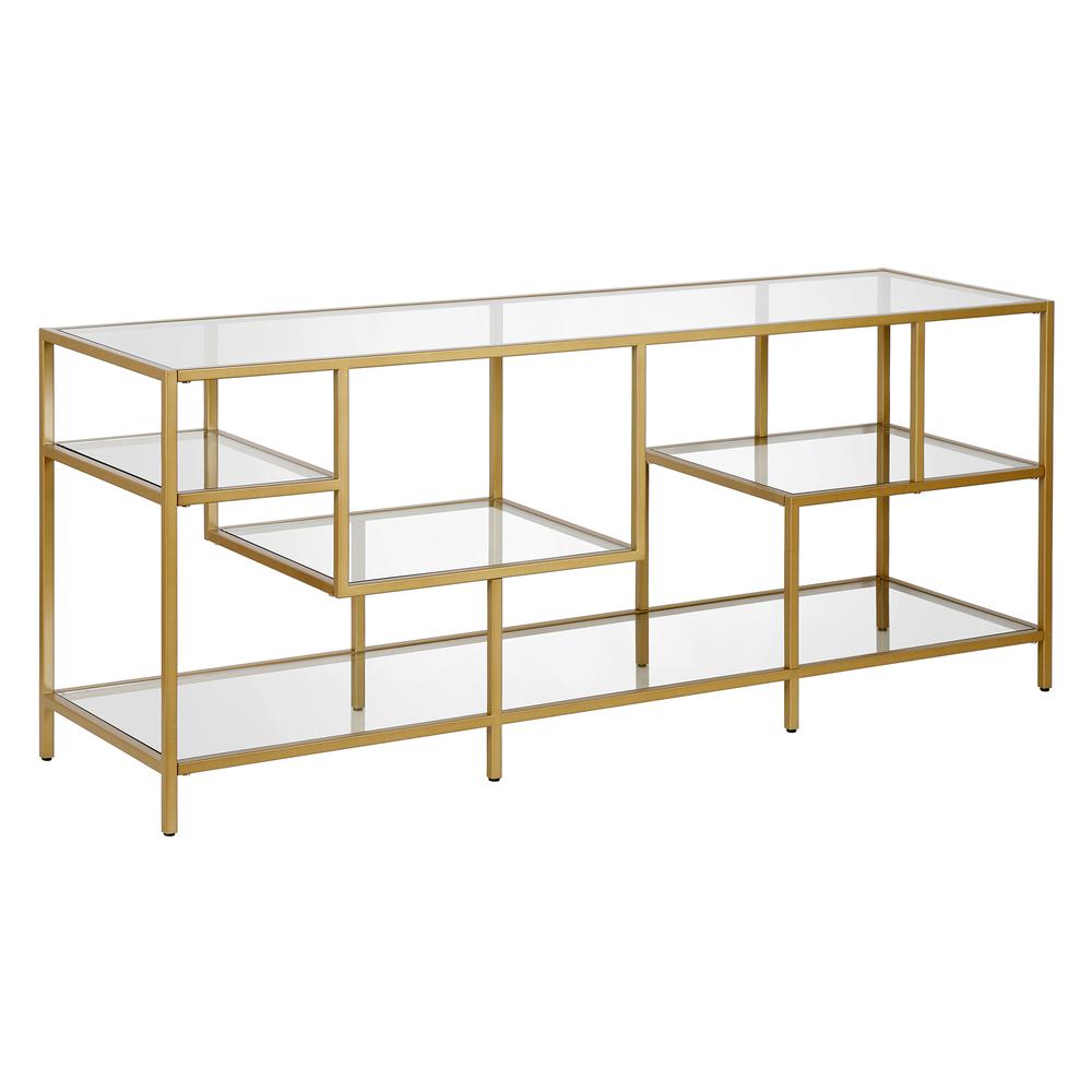 Deveraux Rectangular TV Stand with Glass Shelves for TV's up to 65" in Brass. Picture 1
