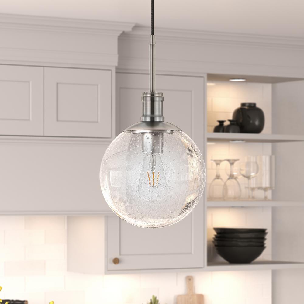 Walker 9" Wide Pendant with Glass Shade in Brushed Nickel /Seeded. Picture 2