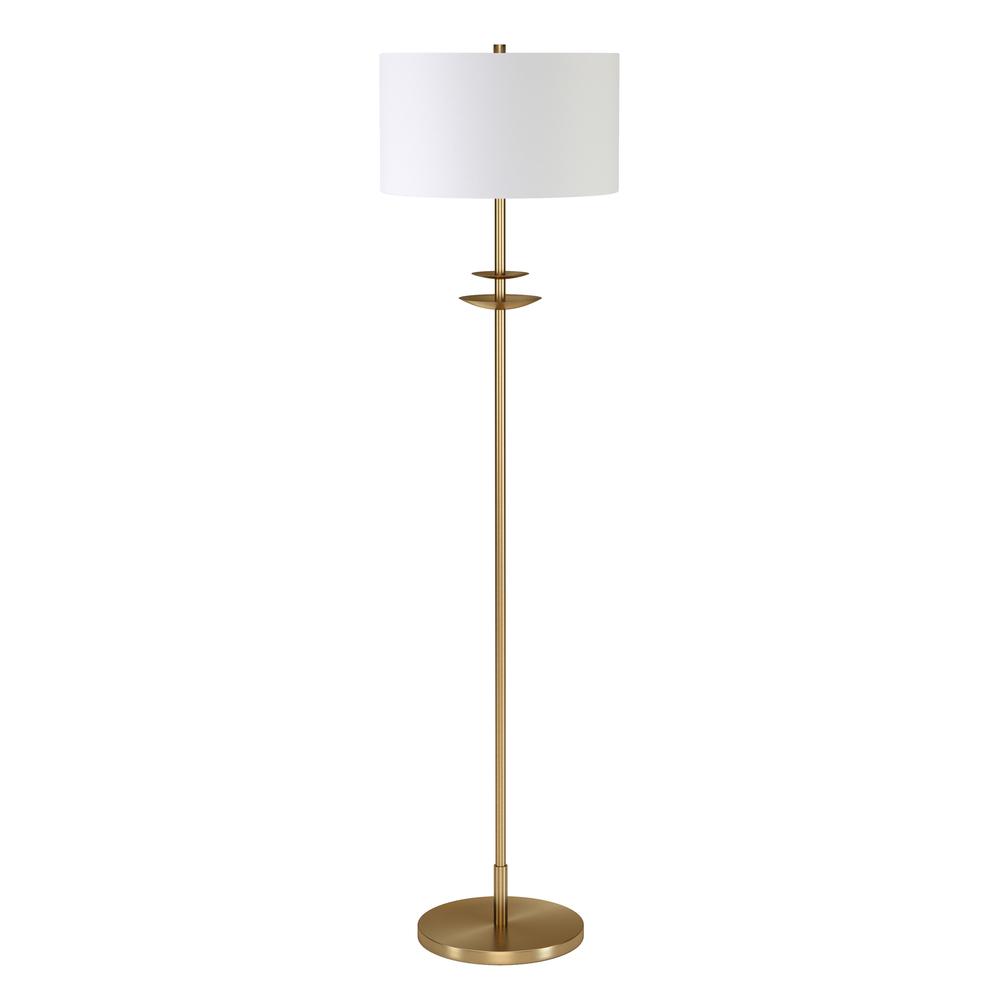 Avery 63" Tall Floor Lamp with Fabric Shade in Brass/White. Picture 1