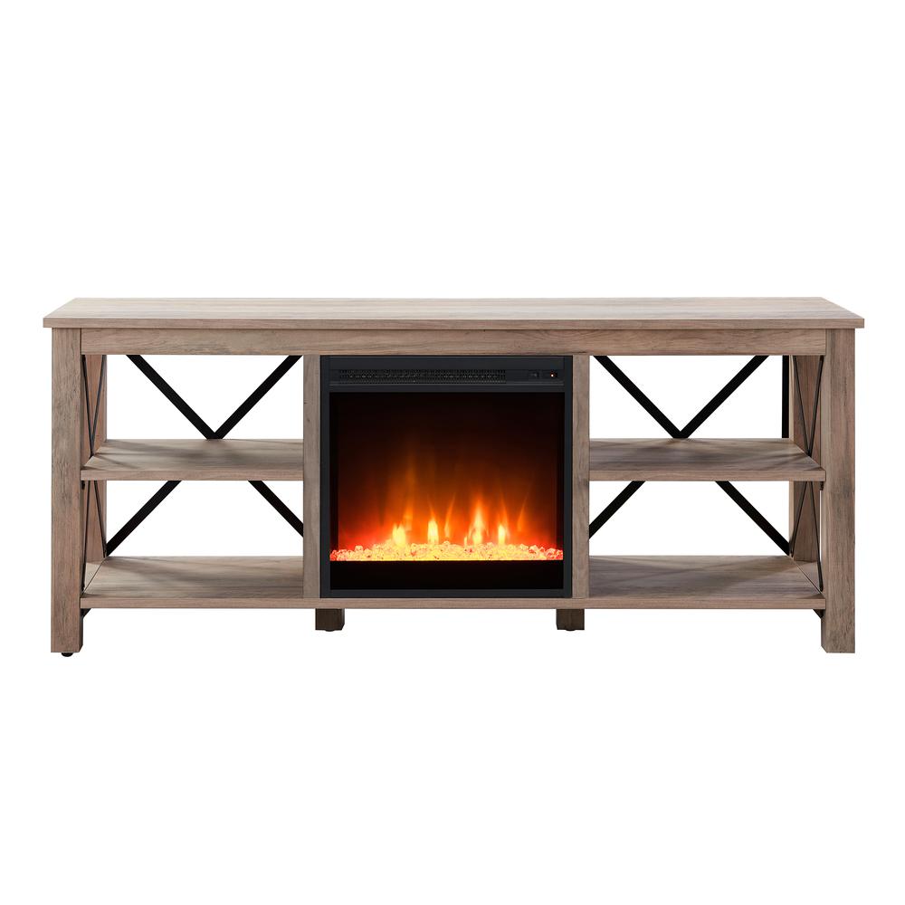Sawyer Rectangular TV Stand with Crystal Fireplace for TV's up to 65" in Gray Oak. Picture 3