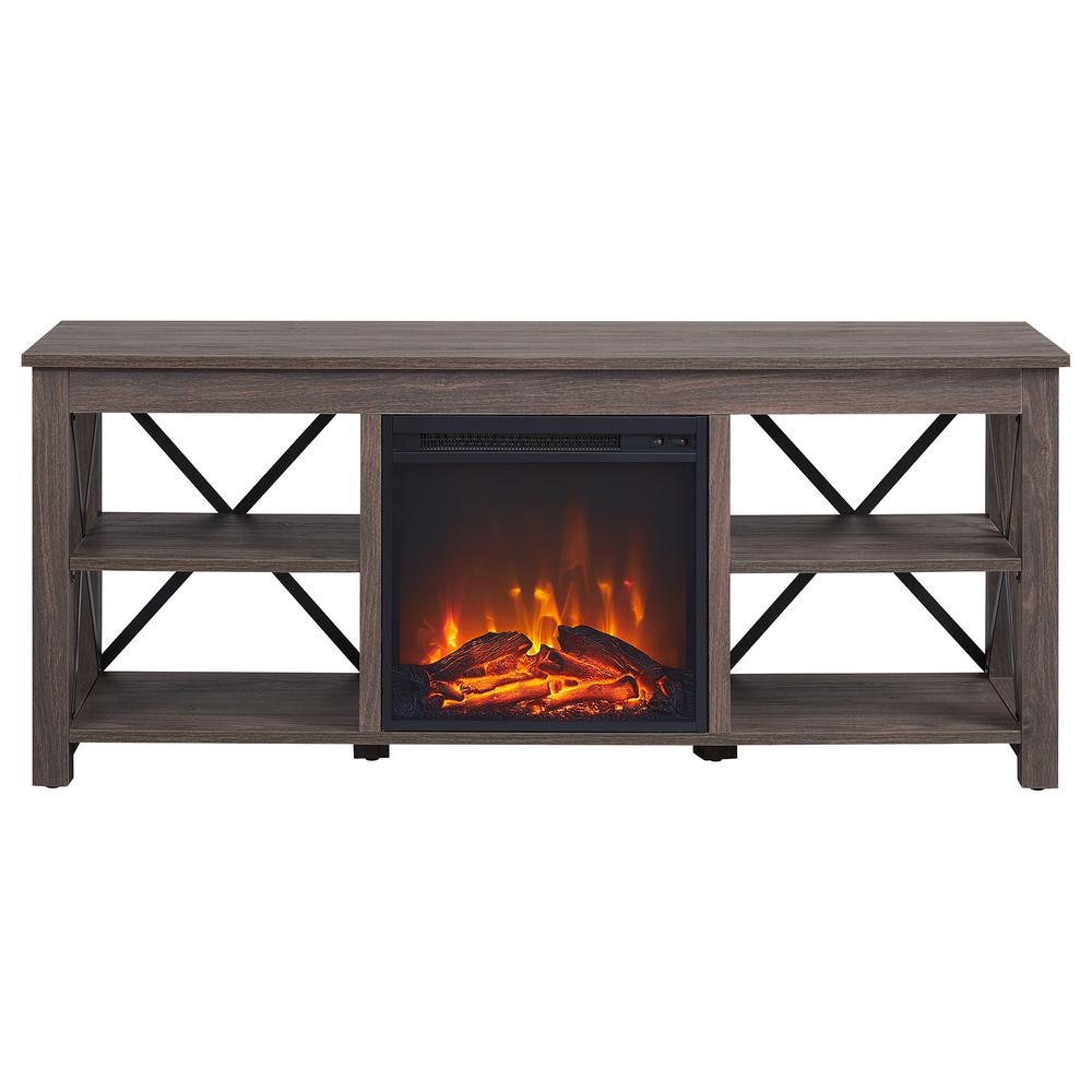 Sawyer Rectangular TV Stand with Log Fireplace for TV's up to 65" in Alder Brown. Picture 3