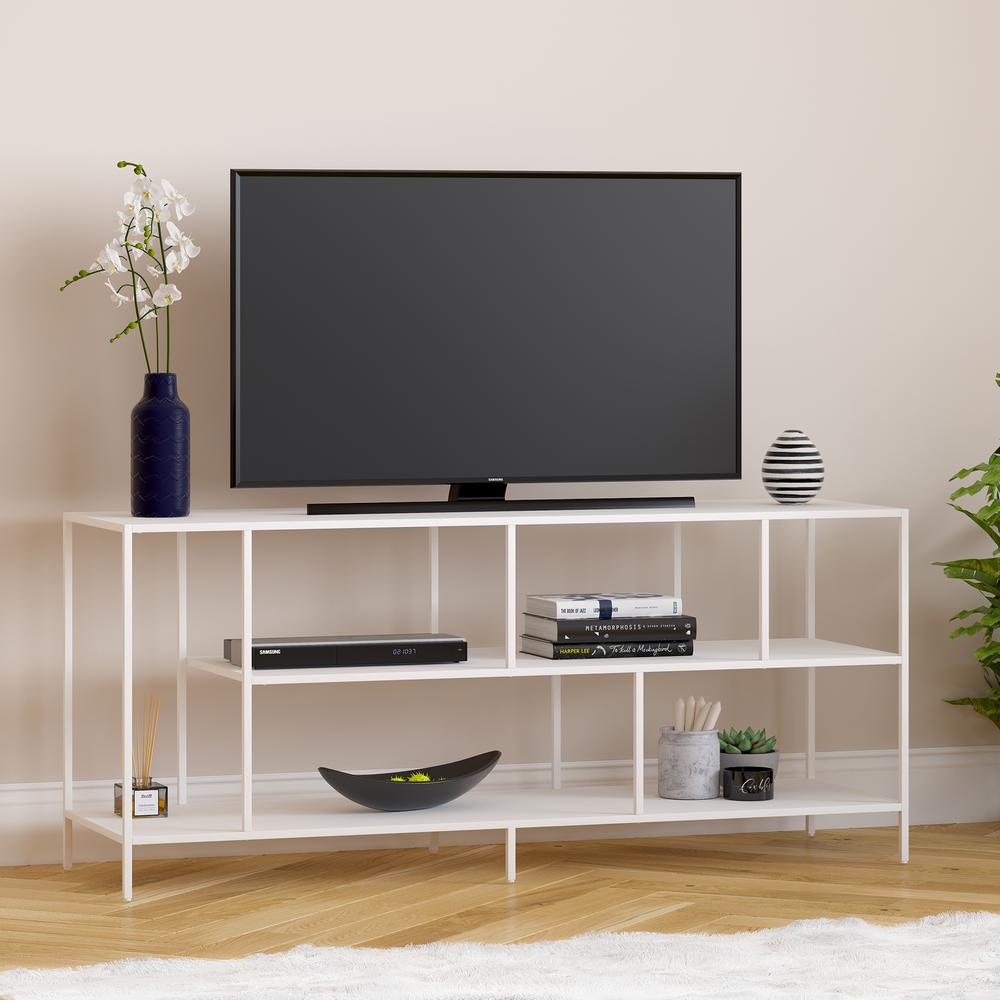 Winthrop Rectangular TV Stand with Metal Shelves for TV's up to 60" in Matte White. Picture 4