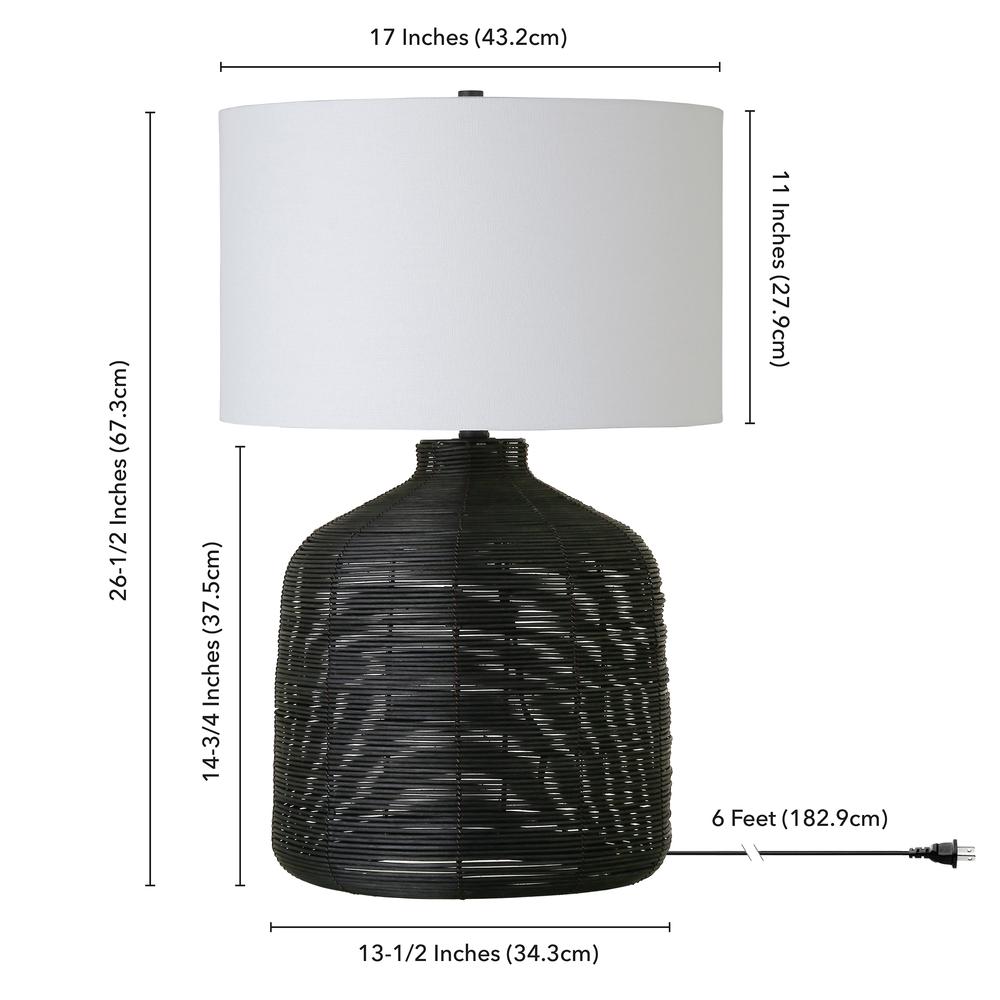 Jolina 26.5" Tall Oversized/Rattan Table Lamp with Fabric Shade in Black Rattan/White. Picture 4