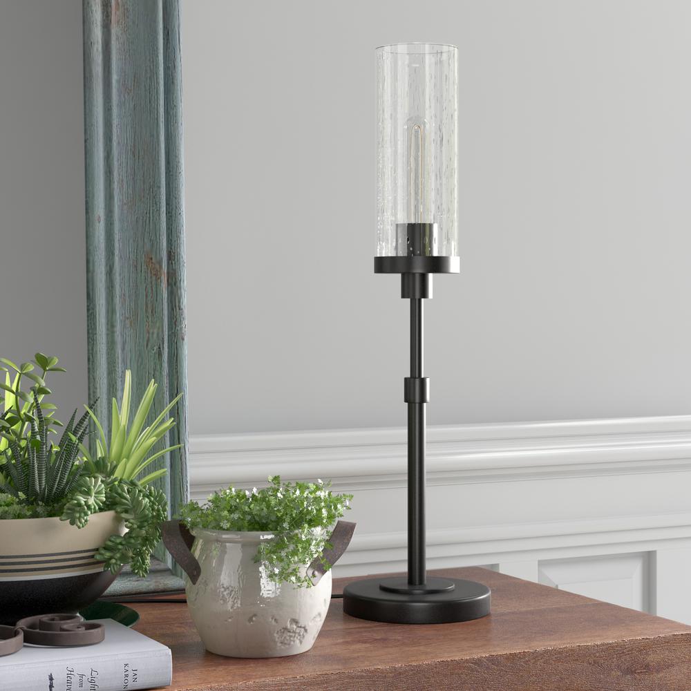 Frieda 26.68" Tall Table Lamp with Glass Shade in Blackened Bronze/Seeded. Picture 2