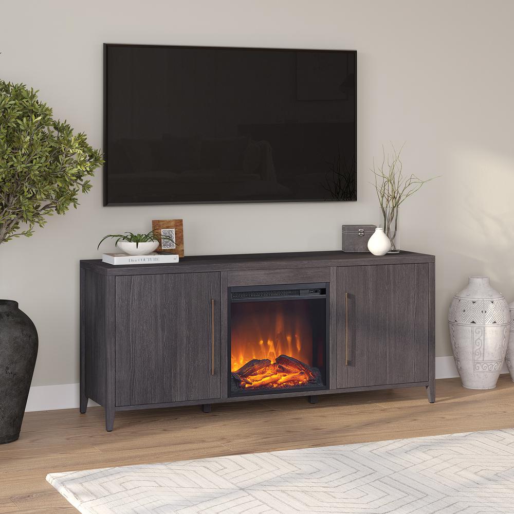 Jasper Rectangular TV Stand with Log Fireplace for TV's up to 65" in Charcoal Gray. Picture 4