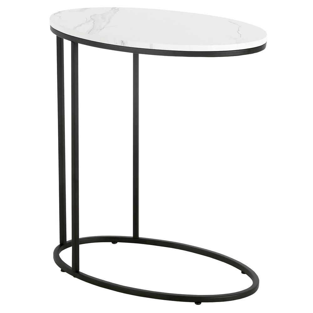Enzo 20'' Wide Oval Side Table with Faux Marble Top in Blackened Bronze. Picture 1